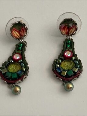AyalaBar handcrafted teardrop earrings featuring an intricate mix of green